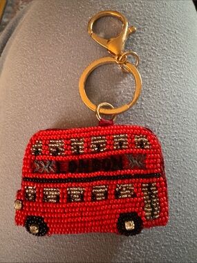 Anthropologie Red Beaded Double-Decker Bus Keychain/Bag Charm